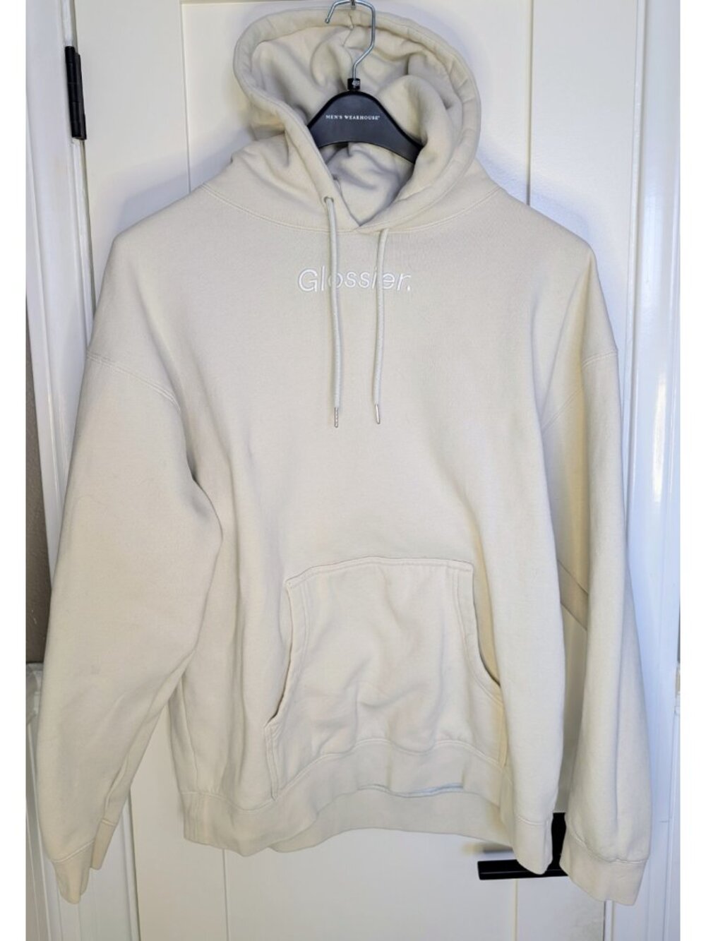 GLOSSIER Hoodie Womens Extra Large XL Cream Fleece Pullover Logo Sweatshirt